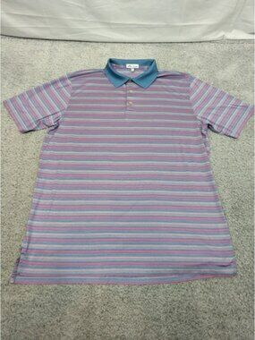 Peter Millar Performance Polo Golf Shirt Blue Pink Stripe Mens Large 100% Cotton
